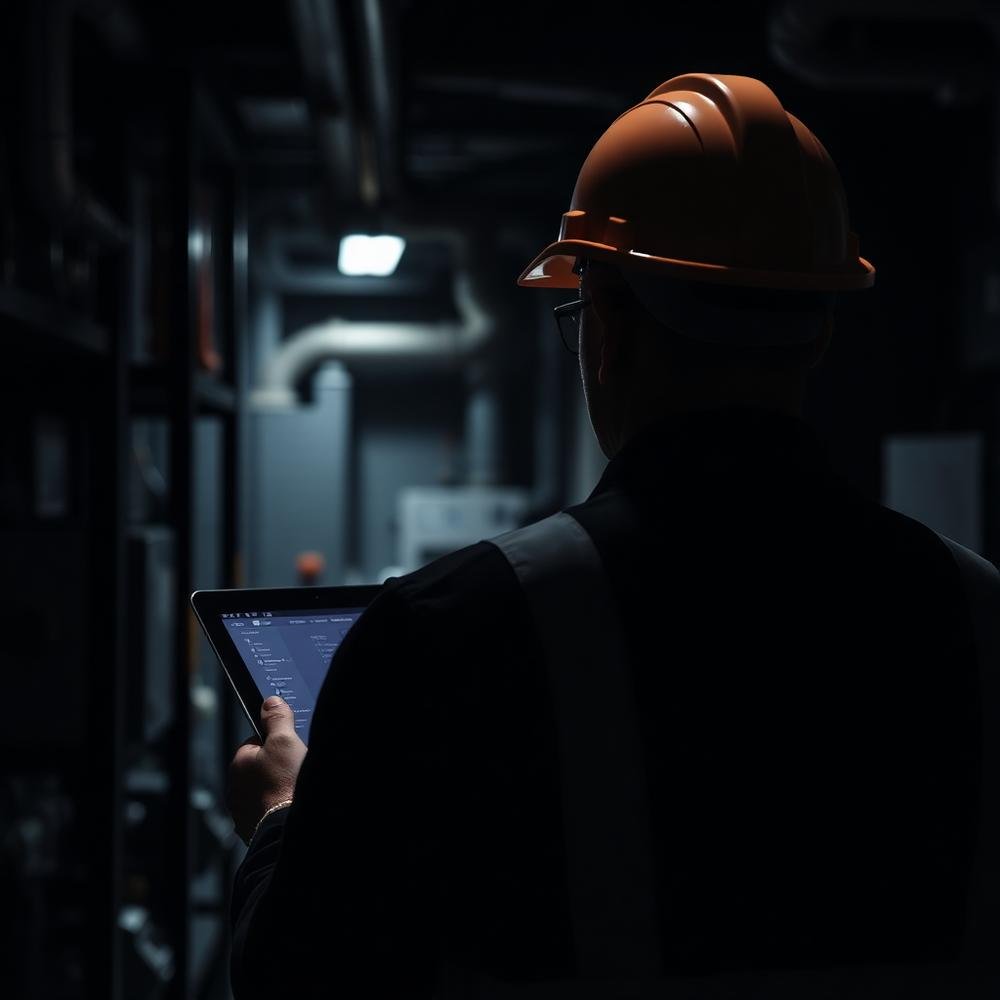 Surveyor capturing M&E asset evidence on a tablet in a plant room